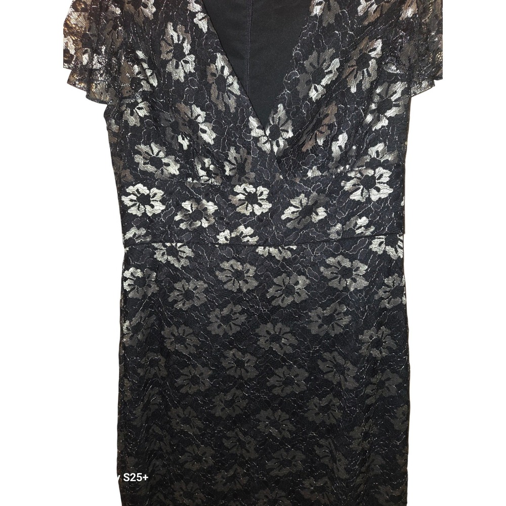 Shoshanna Midnight Navy Silver Floral Lace V-Neck High Low Midi Dress Size 10 - Picture 2 of 6